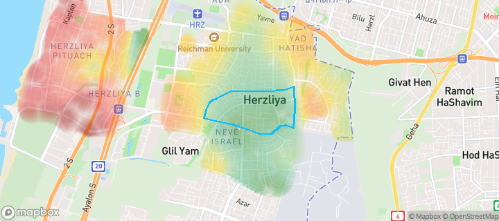 מפת חום של מחירי הנדל"ן בשכונת אביבי הרצליה, הרצליה — אזורים יקרים בגווני חם, אזורים זולים בגווני קר