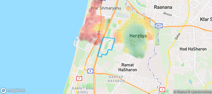 מפת חום של מחירי הנדל"ן בשכונת הרצליה- גליל ים, הרצליה — אזורים יקרים בגווני חם, אזורים זולים בגווני קר