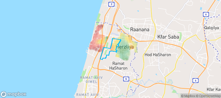 מפת חום של מחירי הנדל"ן בשכונת ויצמן, הרצליה — אזורים יקרים בגווני חם, אזורים זולים בגווני קר