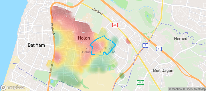 מפת חום של מחירי הנדל"ן בשכונת נאות יהודית, חולון — אזורים יקרים בגווני חם, אזורים זולים בגווני קר