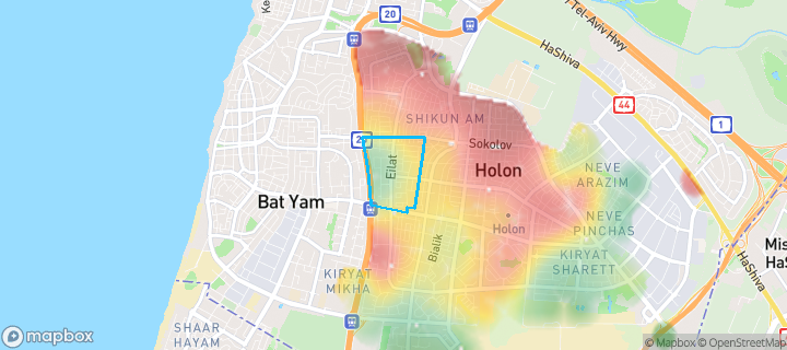 מפת חום של מחירי הנדל"ן בשכונת נאות רחל, חולון — אזורים יקרים בגווני חם, אזורים זולים בגווני קר