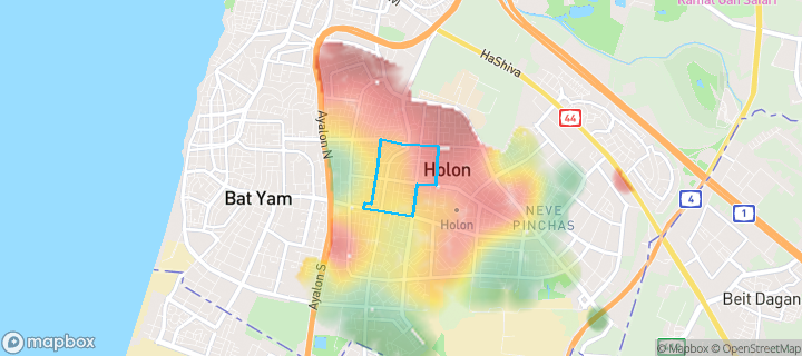 מפת חום של מחירי הנדל"ן בשכונת קריית עבודה, חולון — אזורים יקרים בגווני חם, אזורים זולים בגווני קר