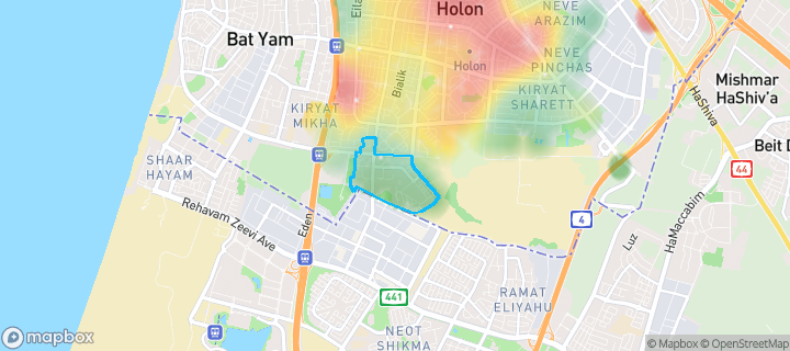 מפת חום של מחירי הנדל"ן בשכונת קרית בן גוריון, חולון — אזורים יקרים בגווני חם, אזורים זולים בגווני קר