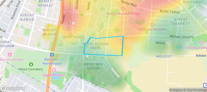מפת חום של מחירי הנדל"ן בשכונת קרית יצחק רבין, חולון — אזורים יקרים בגווני חם, אזורים זולים בגווני קר