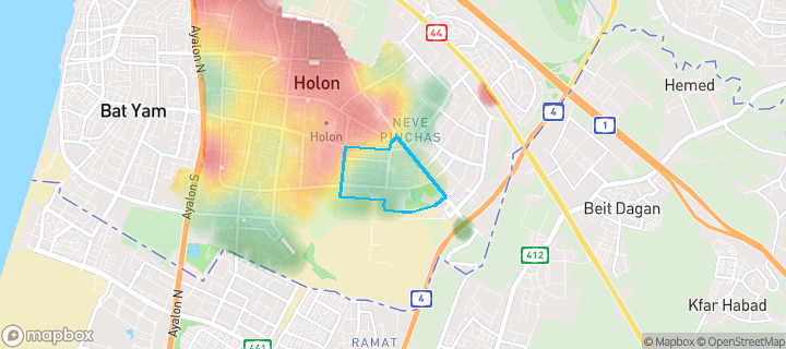 מפת חום של מחירי הנדל"ן בשכונת קרית שרת, חולון — אזורים יקרים בגווני חם, אזורים זולים בגווני קר