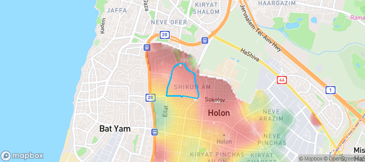 מפת חום של מחירי הנדל"ן בשכונת שכונת עם, חולון — אזורים יקרים בגווני חם, אזורים זולים בגווני קר