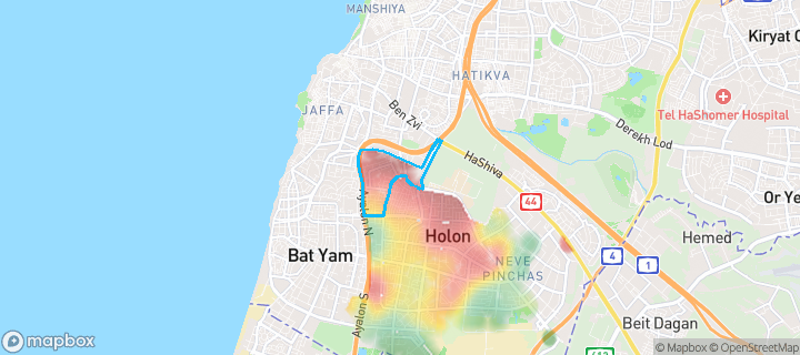 מפת חום של מחירי הנדל"ן בשכונת תל גיבורים, חולון — אזורים יקרים בגווני חם, אזורים זולים בגווני קר
