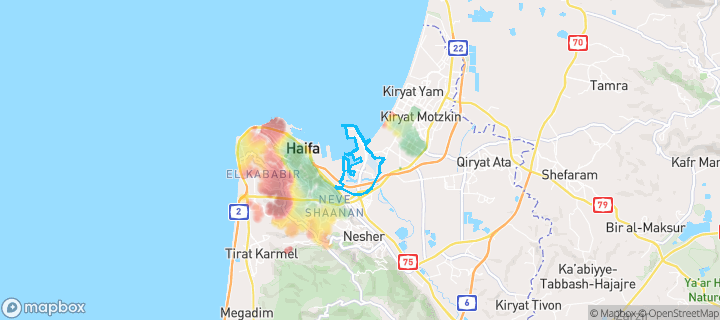 מפת חום של מחירי הנדל"ן בשכונת מזרח, חיפה — אזורים יקרים בגווני חם, אזורים זולים בגווני קר