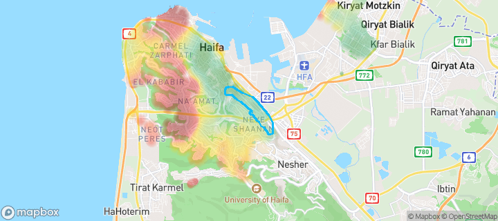 מפת חום של מחירי הנדל"ן בשכונת נווה נחל, חיפה — אזורים יקרים בגווני חם, אזורים זולים בגווני קר