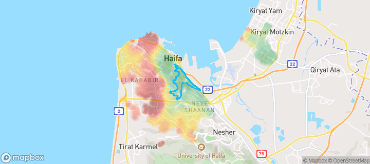 מפת חום של מחירי הנדל"ן בשכונת עיר תחתית מזרח, חיפה — אזורים יקרים בגווני חם, אזורים זולים בגווני קר