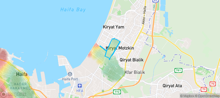 מפת חום של מחירי הנדל"ן בשכונת קריית שמואל, חיפה — אזורים יקרים בגווני חם, אזורים זולים בגווני קר