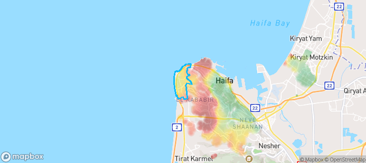 מפת חום של מחירי הנדל"ן בשכונת קריית שפרינצק, חיפה — אזורים יקרים בגווני חם, אזורים זולים בגווני קר