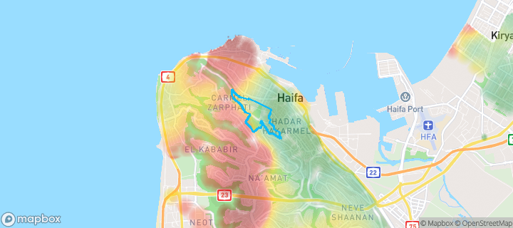 מפת חום של מחירי הנדל"ן בשכונת רובע הדר, חיפה — אזורים יקרים בגווני חם, אזורים זולים בגווני קר