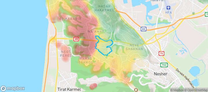 מפת חום של מחירי הנדל"ן בשכונת רוממה הישנה, חיפה — אזורים יקרים בגווני חם, אזורים זולים בגווני קר