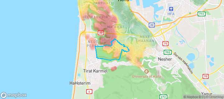 מפת חום של מחירי הנדל"ן בשכונת רמת אשכול, חיפה — אזורים יקרים בגווני חם, אזורים זולים בגווני קר