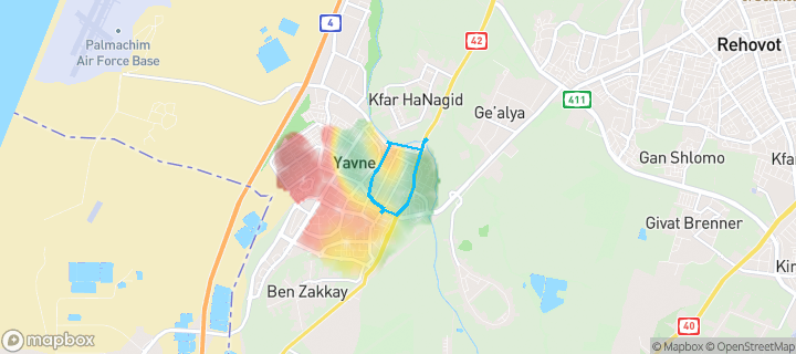 מפת חום של מחירי הנדל"ן בשכונת נאות אשכול, יבנה — אזורים יקרים בגווני חם, אזורים זולים בגווני קר