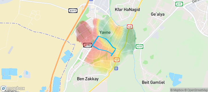 מפת חום של מחירי הנדל"ן בשכונת נאות בגין, יבנה — אזורים יקרים בגווני חם, אזורים זולים בגווני קר