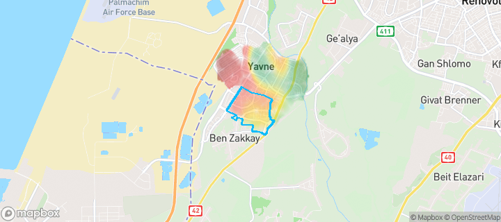 מפת חום של מחירי הנדל"ן בשכונת נאות רבין, יבנה — אזורים יקרים בגווני חם, אזורים זולים בגווני קר