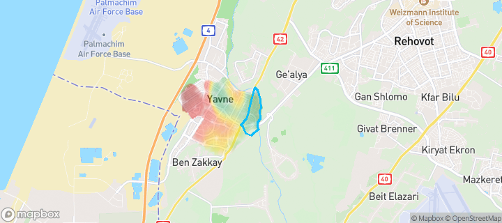 מפת חום של מחירי הנדל"ן בשכונת נאות שז"ר, יבנה — אזורים יקרים בגווני חם, אזורים זולים בגווני קר