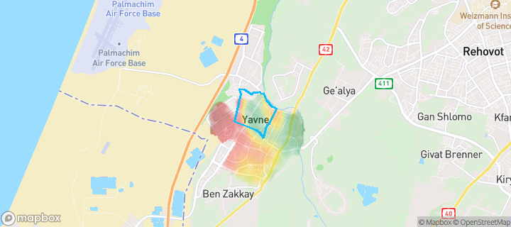 מפת חום של מחירי הנדל"ן בשכונת רמות ויצמן, יבנה — אזורים יקרים בגווני חם, אזורים זולים בגווני קר