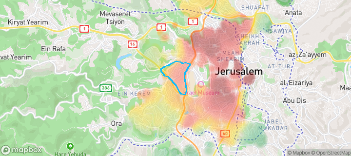מפת חום של מחירי הנדל"ן בשכונת בית הכרם, רמת בית הכרם, ירושלים — אזורים יקרים בגווני חם, אזורים זולים בגווני קר