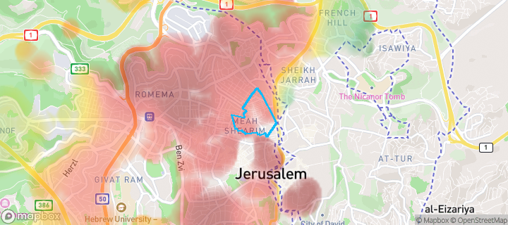 מפת חום של מחירי הנדל"ן בשכונת בית ישראל, ירושלים — אזורים יקרים בגווני חם, אזורים זולים בגווני קר