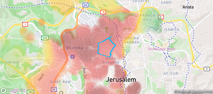 מפת חום של מחירי הנדל"ן בשכונת הבוכרים, ירושלים — אזורים יקרים בגווני חם, אזורים זולים בגווני קר