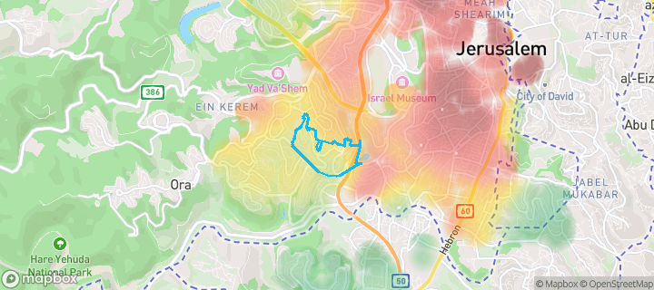 מפת חום של מחירי הנדל"ן בשכונת הולילנד, ירושלים — אזורים יקרים בגווני חם, אזורים זולים בגווני קר