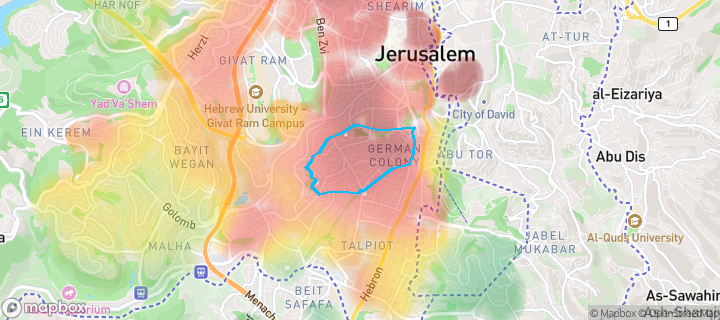 מפת חום של מחירי הנדל"ן בשכונת המושבה היוונית, ירושלים — אזורים יקרים בגווני חם, אזורים זולים בגווני קר