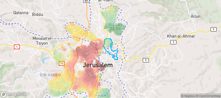 מפת חום של מחירי הנדל"ן בשכונת הר הצופים, ירושלים — אזורים יקרים בגווני חם, אזורים זולים בגווני קר