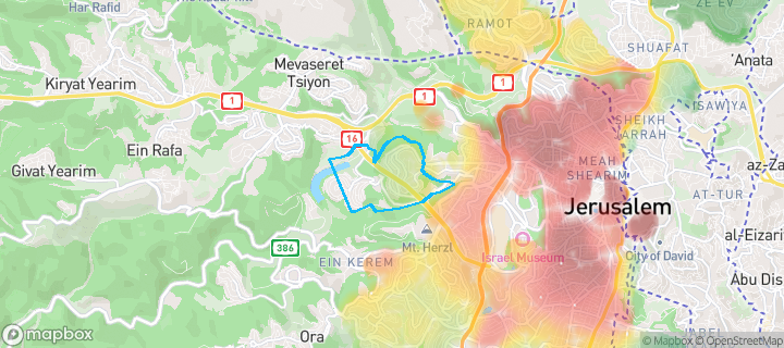 מפת חום של מחירי הנדל"ן בשכונת הר נוף, ירושלים — אזורים יקרים בגווני חם, אזורים זולים בגווני קר