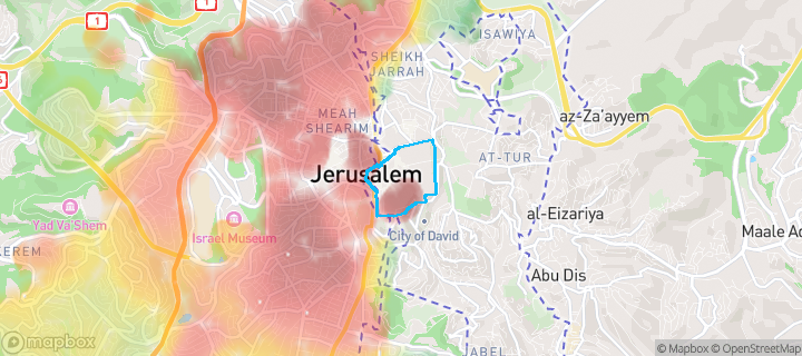 מפת חום של מחירי הנדל"ן בשכונת הרובע היהודי, ירושלים — אזורים יקרים בגווני חם, אזורים זולים בגווני קר