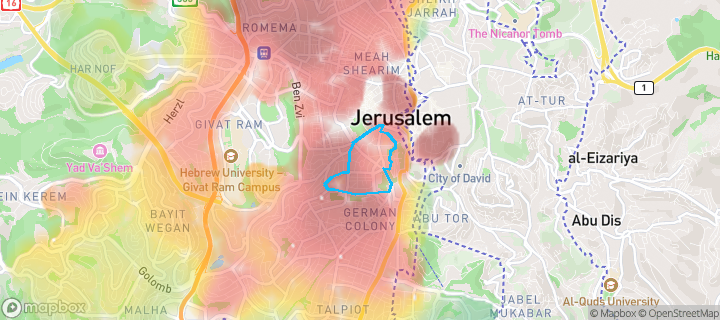 מפת חום של מחירי הנדל"ן בשכונת טלביה, ירושלים — אזורים יקרים בגווני חם, אזורים זולים בגווני קר
