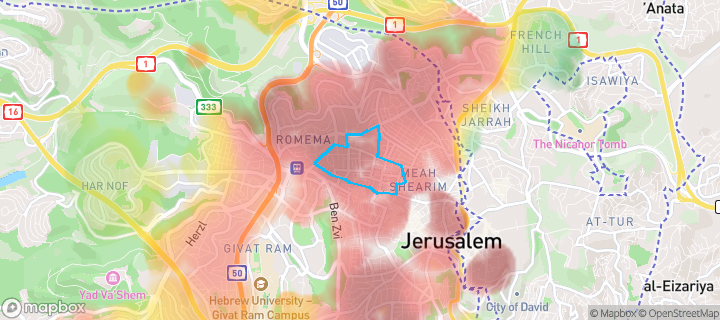 מפת חום של מחירי הנדל"ן בשכונת כרם אברהם, ירושלים — אזורים יקרים בגווני חם, אזורים זולים בגווני קר