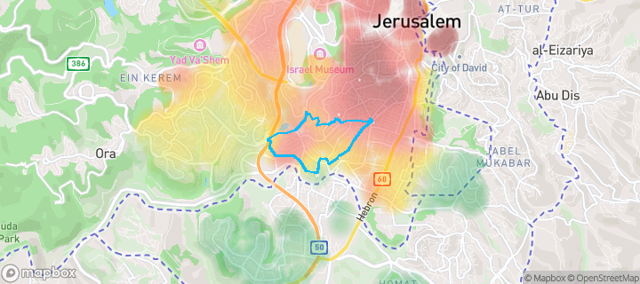 מפת חום של מחירי הנדל"ן בשכונת קטמונים, ירושלים — אזורים יקרים בגווני חם, אזורים זולים בגווני קר