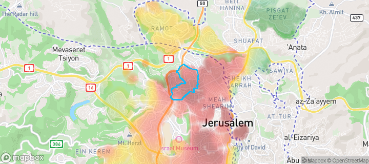 מפת חום של מחירי הנדל"ן בשכונת קרית בעלז, ירושלים — אזורים יקרים בגווני חם, אזורים זולים בגווני קר