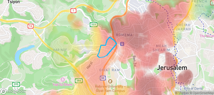 מפת חום של מחירי הנדל"ן בשכונת קרית משה, ירושלים — אזורים יקרים בגווני חם, אזורים זולים בגווני קר