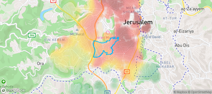 מפת חום של מחירי הנדל"ן בשכונת רסקו (גבעת הוורדים), ירושלים — אזורים יקרים בגווני חם, אזורים זולים בגווני קר