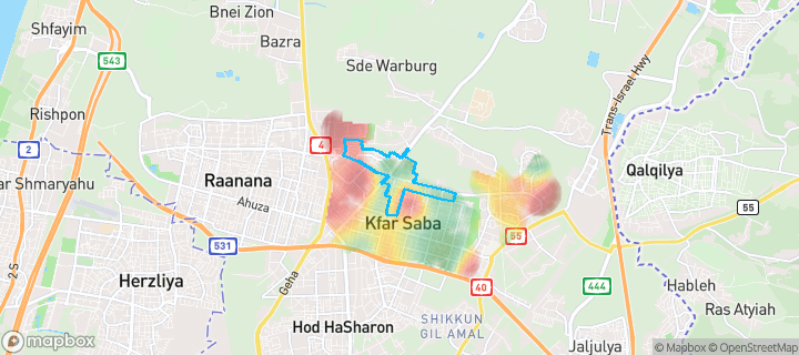 מפת חום של מחירי הנדל"ן בשכונת אליעזר, כפר סבא — אזורים יקרים בגווני חם, אזורים זולים בגווני קר