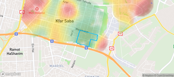מפת חום של מחירי הנדל"ן בשכונת דרום מזרח 1, כפר סבא — אזורים יקרים בגווני חם, אזורים זולים בגווני קר