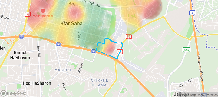 מפת חום של מחירי הנדל"ן בשכונת דרום מזרח 2, כפר סבא — אזורים יקרים בגווני חם, אזורים זולים בגווני קר