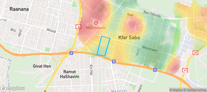 מפת חום של מחירי הנדל"ן בשכונת דרום מערב 1, כפר סבא — אזורים יקרים בגווני חם, אזורים זולים בגווני קר