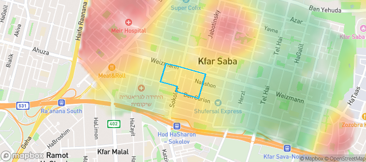 מפת חום של מחירי הנדל"ן בשכונת דרום מערב 2, כפר סבא — אזורים יקרים בגווני חם, אזורים זולים בגווני קר