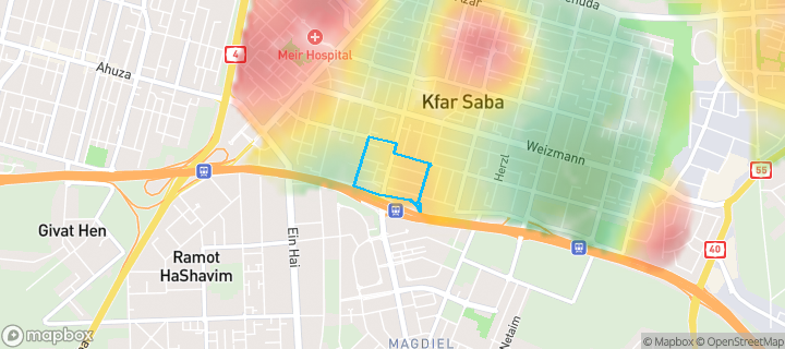 מפת חום של מחירי הנדל"ן בשכונת דרום מערב 3, כפר סבא — אזורים יקרים בגווני חם, אזורים זולים בגווני קר