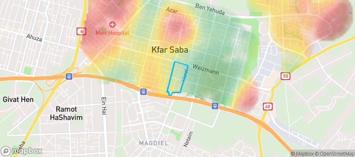 מפת חום של מחירי הנדל"ן בשכונת דרום 1, כפר סבא — אזורים יקרים בגווני חם, אזורים זולים בגווני קר