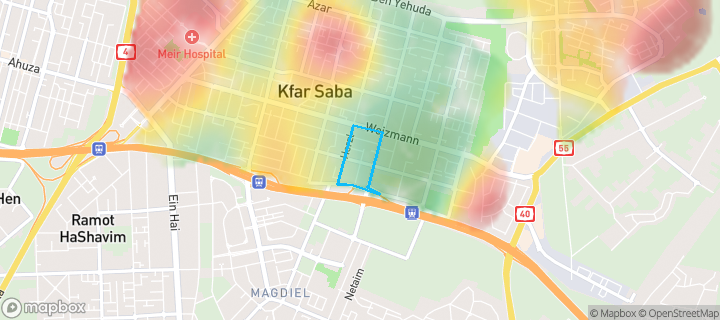 מפת חום של מחירי הנדל"ן בשכונת דרום 2, כפר סבא — אזורים יקרים בגווני חם, אזורים זולים בגווני קר
