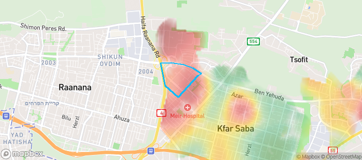 מפת חום של מחירי הנדל"ן בשכונת כפר סבא הירוקה, כפר סבא — אזורים יקרים בגווני חם, אזורים זולים בגווני קר