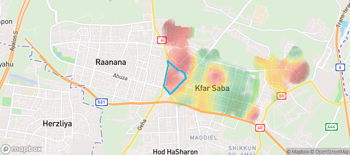 מפת חום של מחירי הנדל"ן בשכונת לסטר, כפר סבא — אזורים יקרים בגווני חם, אזורים זולים בגווני קר