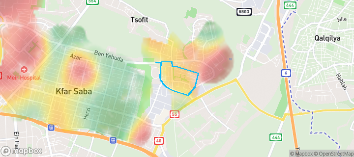 מפת חום של מחירי הנדל"ן בשכונת מזרח 2, כפר סבא — אזורים יקרים בגווני חם, אזורים זולים בגווני קר