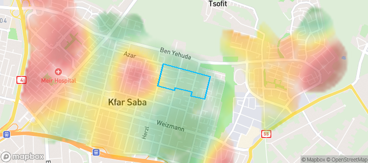 מפת חום של מחירי הנדל"ן בשכונת מזרח 4, כפר סבא — אזורים יקרים בגווני חם, אזורים זולים בגווני קר